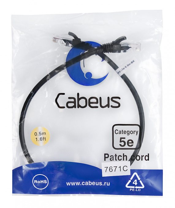 патч-корд cabeus pc-utp-rj45-cat.5e-0.5m-bk